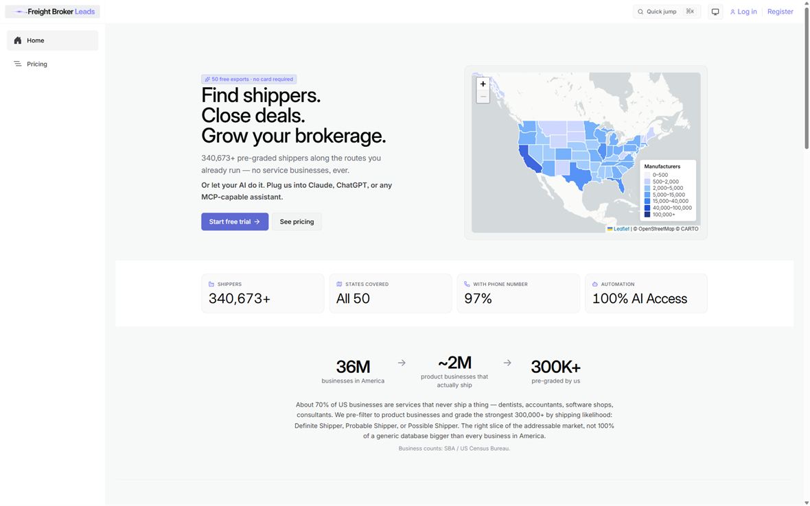 FreightBrokerLeads.ai &mdash; shipper density map and lead stats