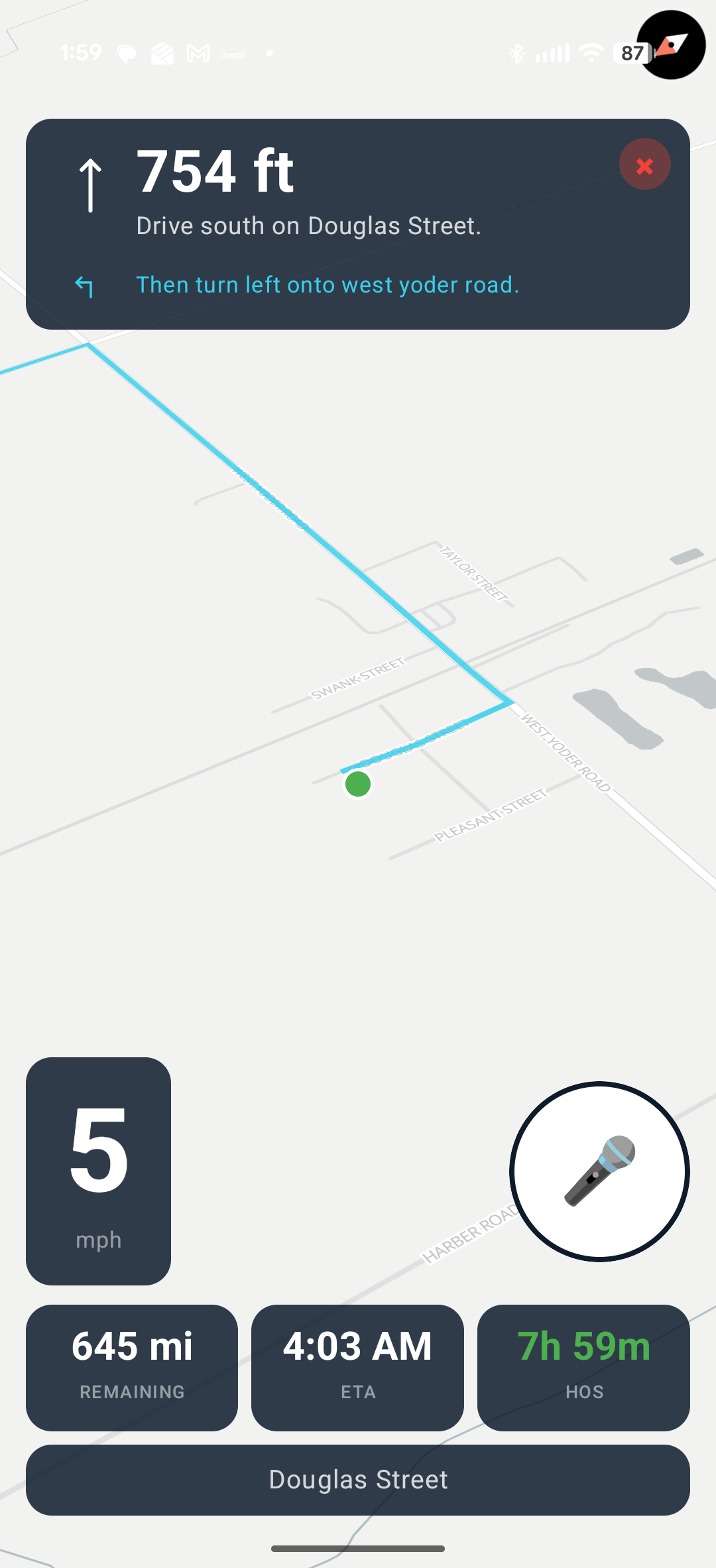 Truck Magnet turn-by-turn navigation — a truck-legal route with speed, ETA, remaining miles, and live hours-of-service