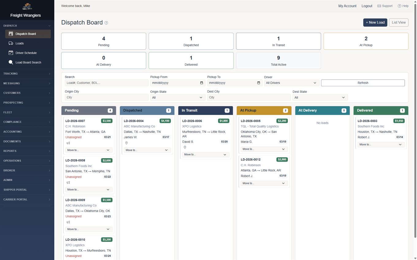 Freight Wranglers dispatch board &mdash; a live Kanban of loads by pipeline stage